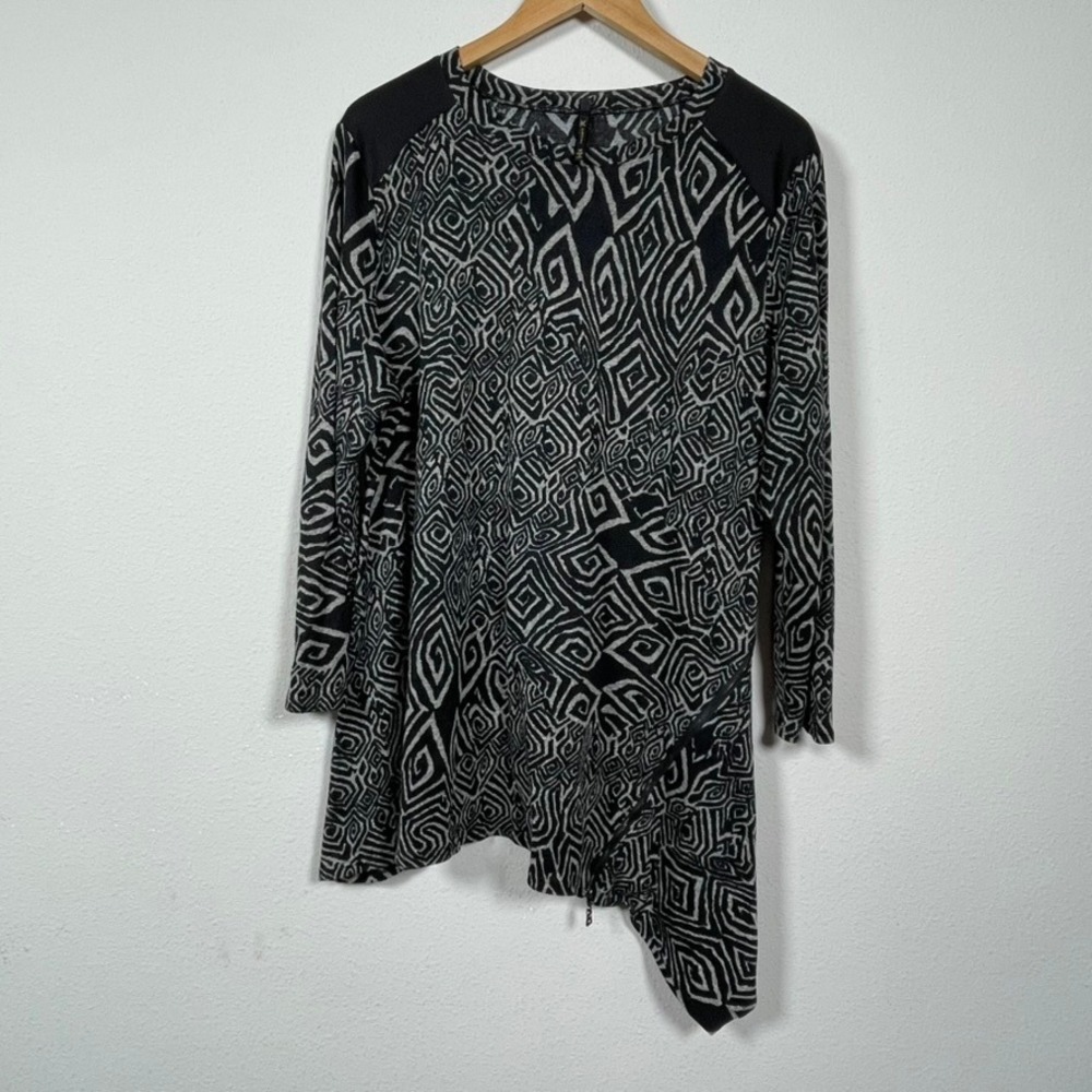 IC by Connie K Tunic Women 1X Black Gray Lagenlook Asymmetric Zip Knit Top